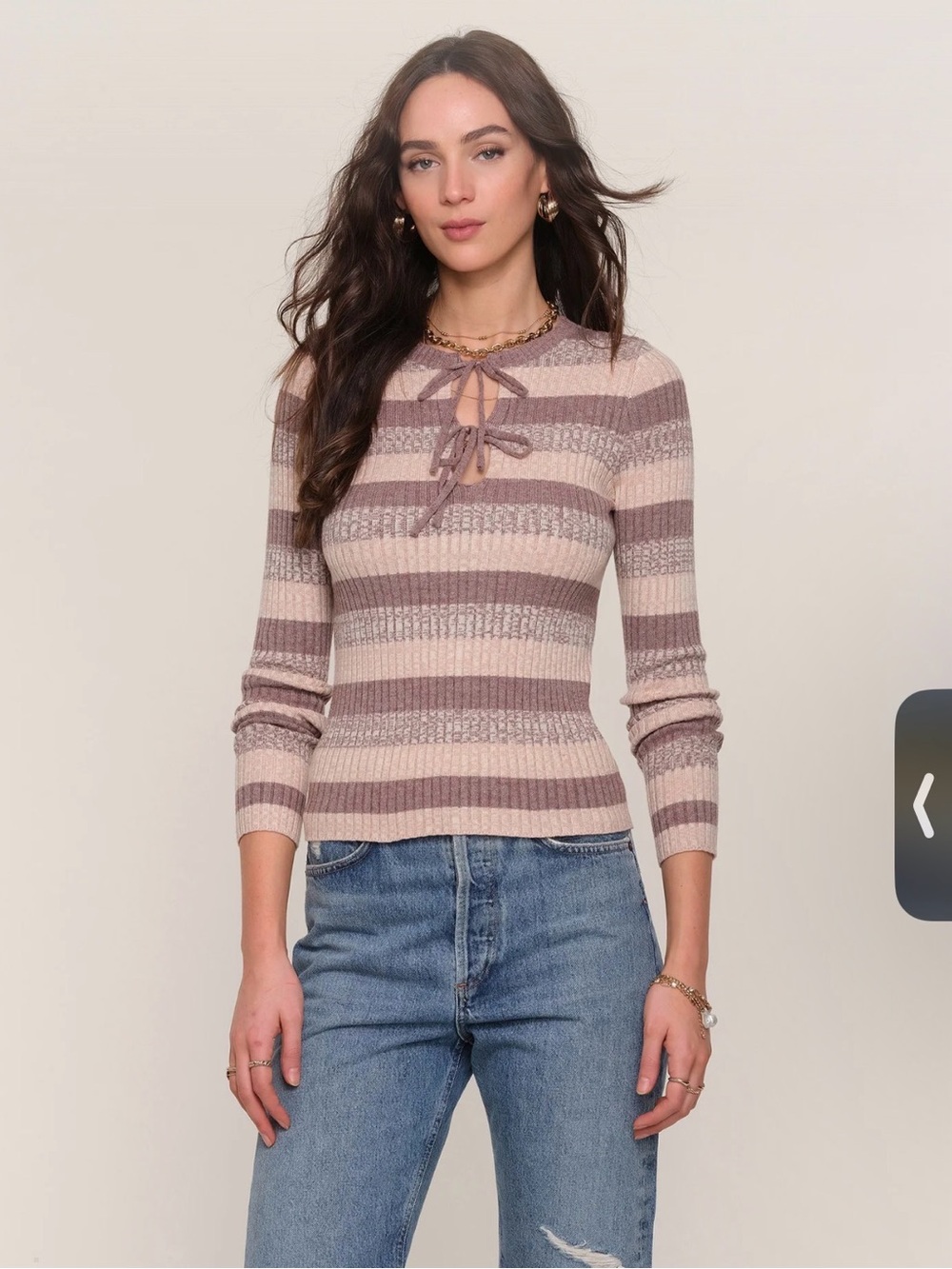 Heartloom Striped Lace-Up V-Neck Sweater in Cream & Brown
